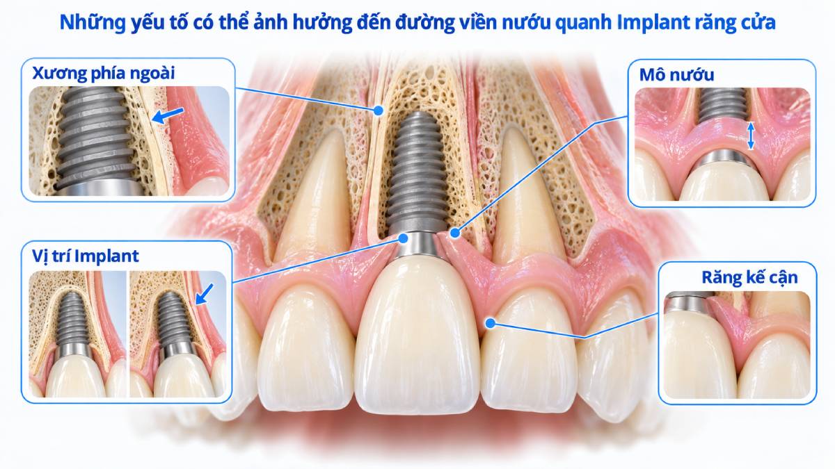 Xương phía ngoài, độ dày mô mềm và vị trí Implant đều có thể ảnh hưởng đến đường viền nướu vùng răng cửa.